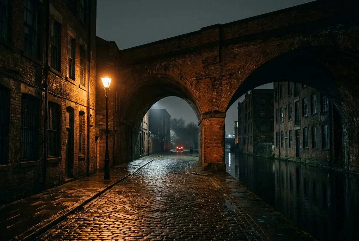 A canal-side street under a railway viaduct in Manchester at night